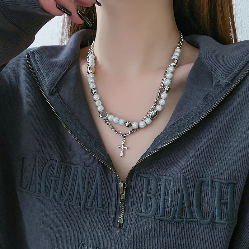 Hip Hop Double Layered Pearl Cross Necklace Personalized stitching Clavicle Chain Punk Necklace For Women Girl Men Jewelry ins