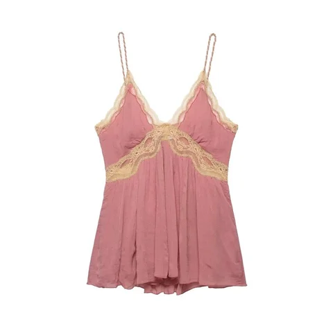 2026 New Women's Rouge Red Lace Decor Cami Top Summer Casual Elastic Spaghetti Strap Sleeveless Blouse Holiday Travel Wear