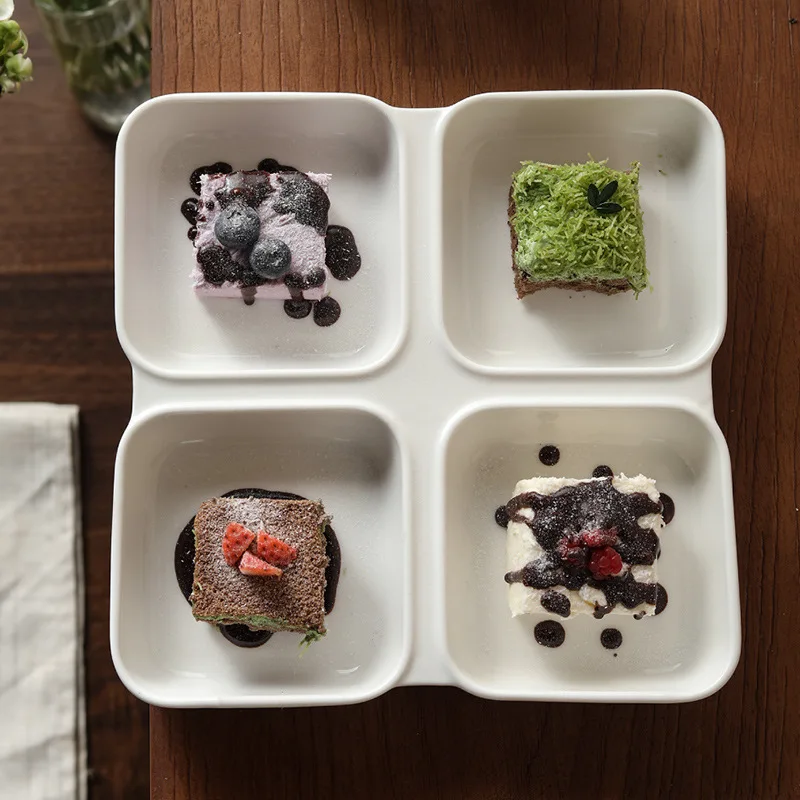 Ceramic 4-Compartment Serving Tray, Four Grid Snack Plate, Divided Appetizer Plate for Nuts, Dessert, Tea Treats