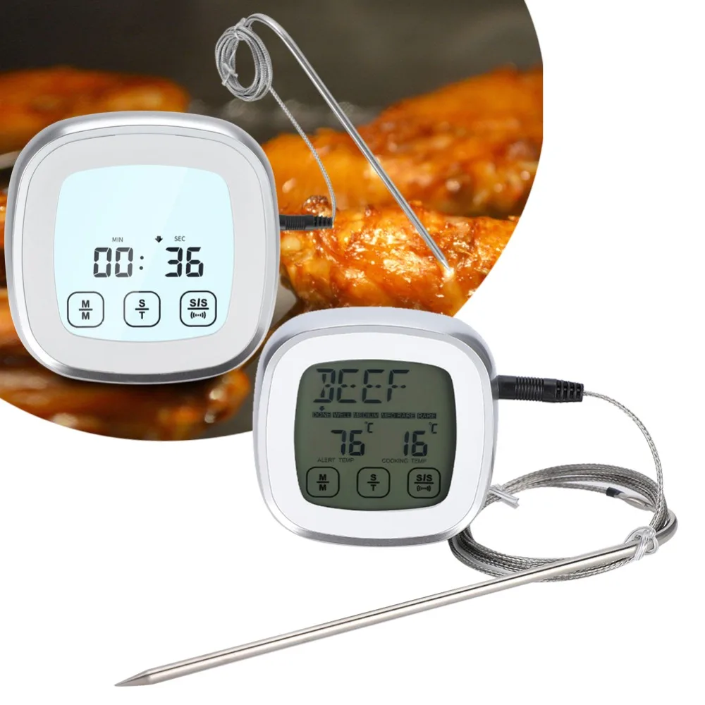 Touch Screen Digital Meat Thermometer Built-In Timer LCD Backlight Food BBQ Thermometer High Heat Resistance Magnetic Back