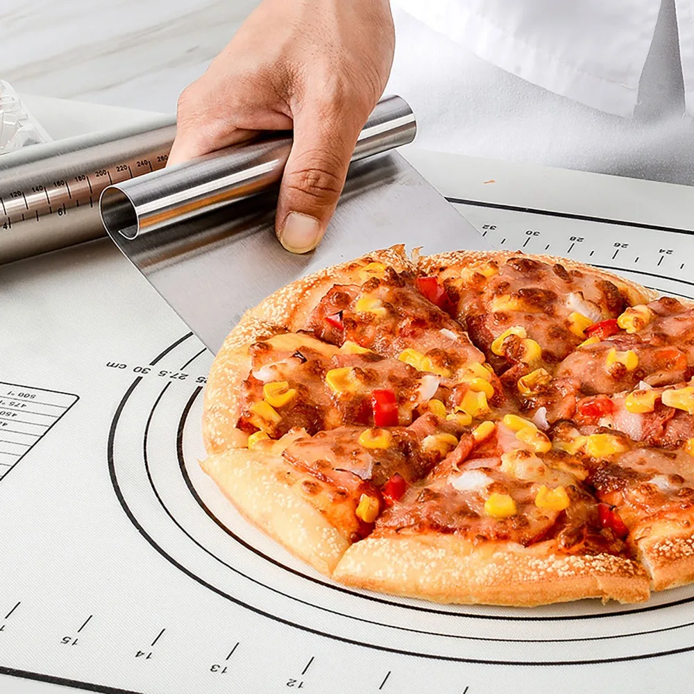 Stainless Steel Silicone Rolling Pin Silver 4 Detachable Rings Baking Mat Heat Resist Non Stick Dough Scraper Home Kitchen