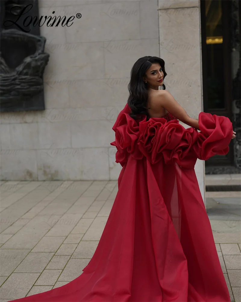 Two Piece Red Celebrity Dresses 2024 Couture Beaded Prom Dress Strapless Cape Sleeves Mermaid Wedding Party Dress Evening Gowns