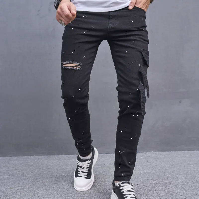 New Jeans Men's Solid Color Spotted Ripped Locomotive Design Sense Folded Pants Trendy Men