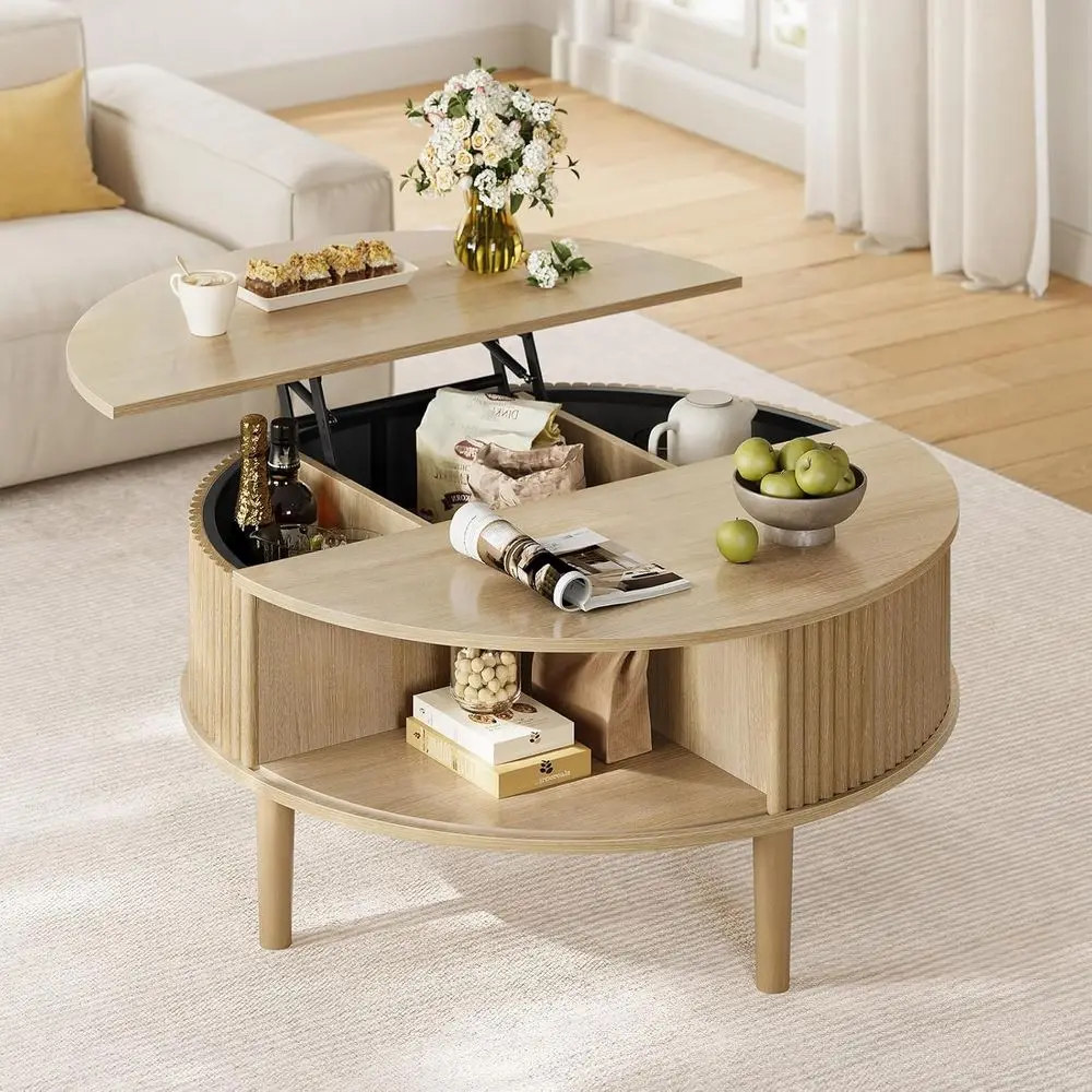 

Современный журнальный столик с изогнутой раздвижной дверцей, скрытым хранилищем и открытыми полками, подходит для гостиной или офиса, отделка из дуба.