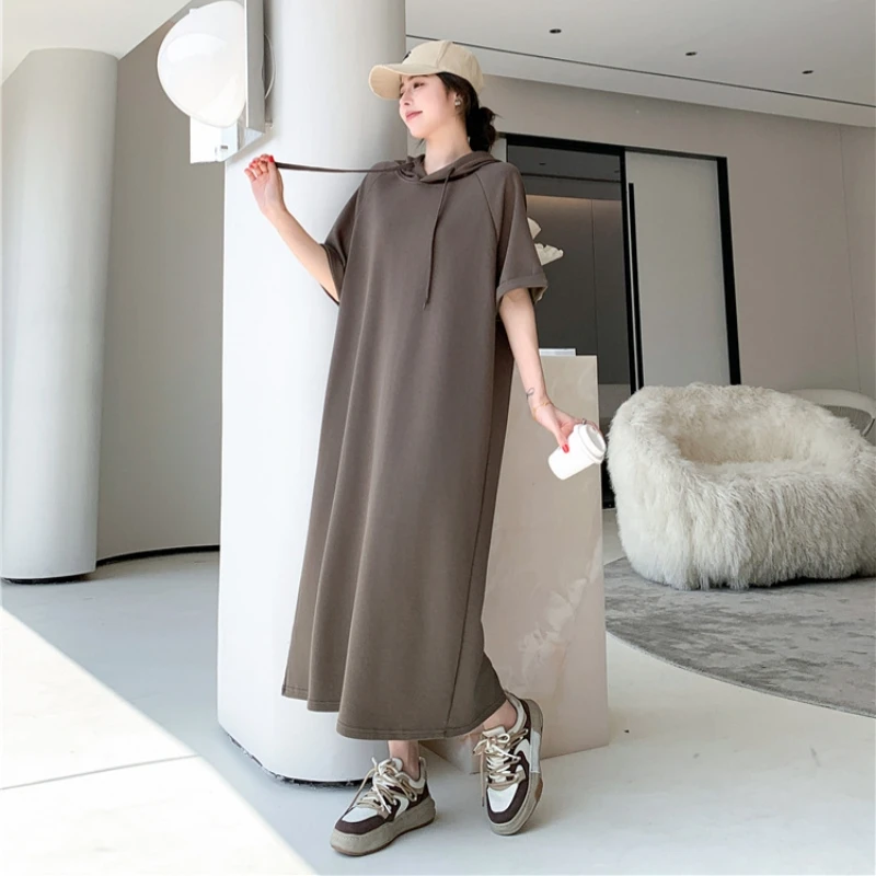 プラスサイズ スリット入りTシャツ ルーズフィット 半袖 パーカーワンピース レディース 春夏 細見え カジュアル 無地 ロング丈ワンピース