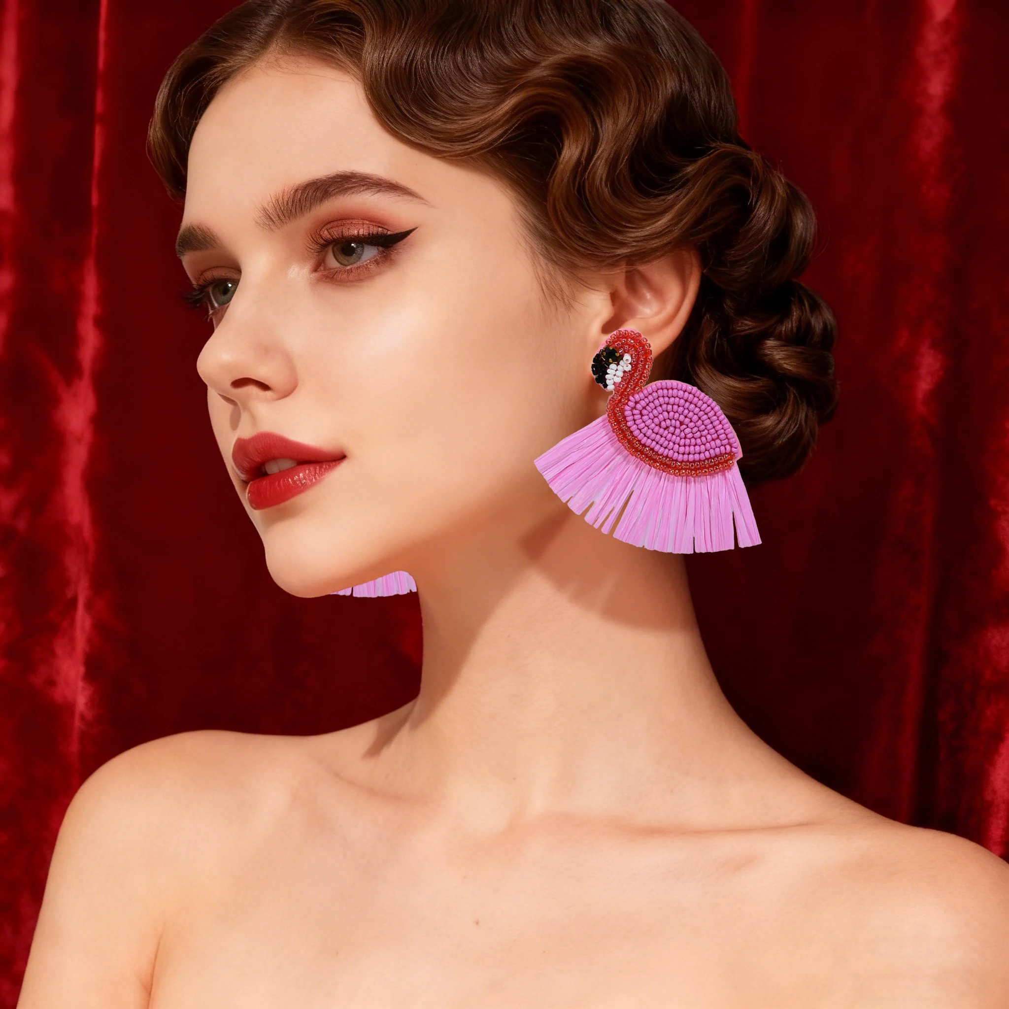 Bohemian fashion creative rice bead flamingo pink tassel rhinestone fabric eye transparent long bead tassel earrings