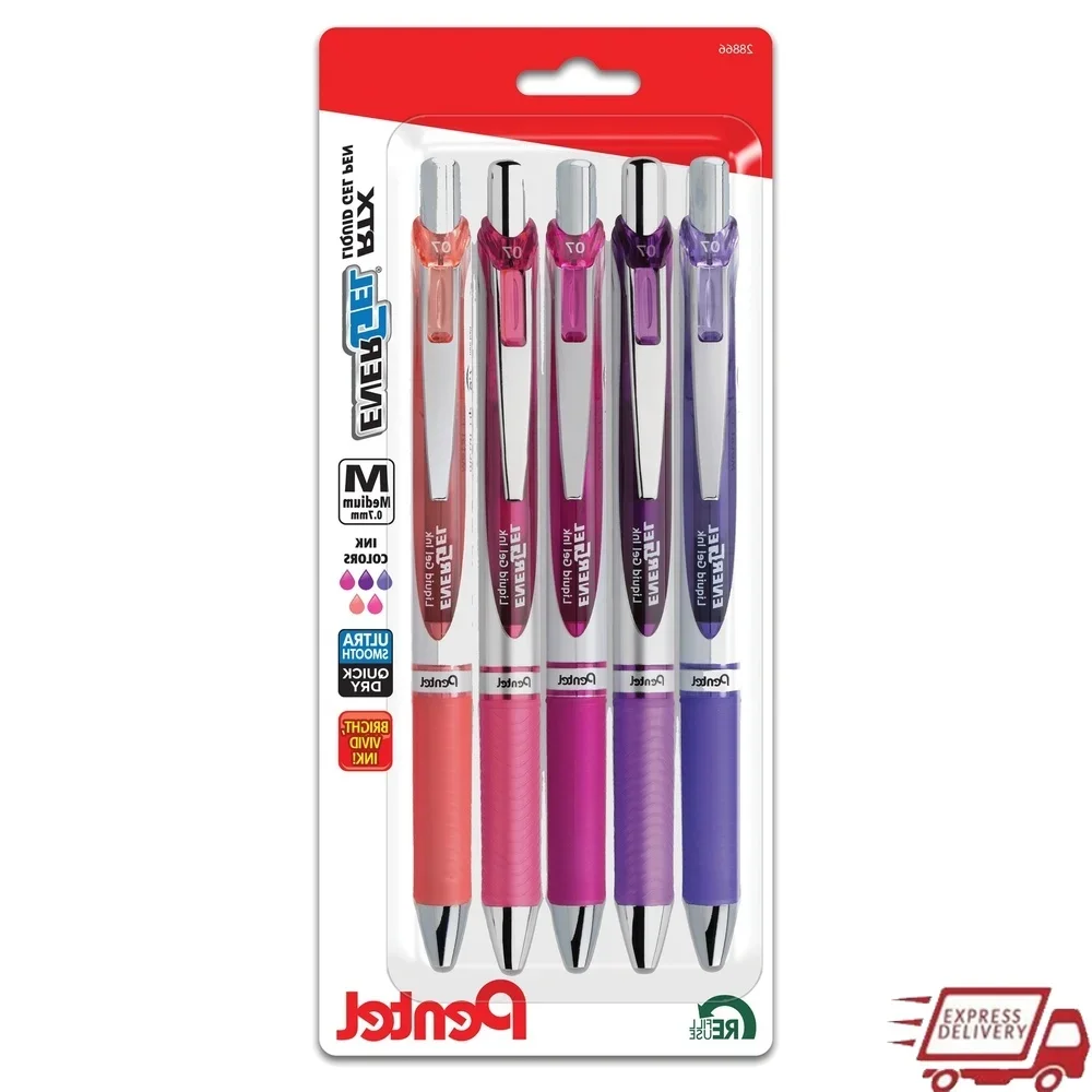 

EnerGel Gel Ink Pens Medium Point 0.7mm Assorted Ink Pack of 5 Fast Drying Smooth Writing Refillable Comfort Grip Professional