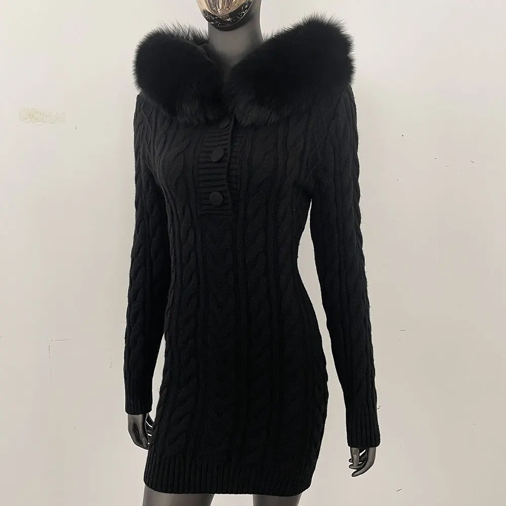 Herbst Winter Elegante Frauen Echtpelz Pullover Rot Schlank Pelz Patchwork Mit Kapuze Gestrickte Kleid Weibliche Große Pelz Strickwaren Hoodie Tops