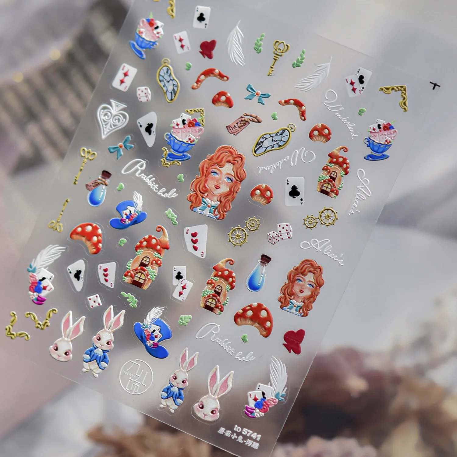 Adesivos 5D para Unhas com Desenhos de Alice no País das Maravilhas, Coelho, Poker, Casa de Cogumelo, Relógio, Chave e Contos de Fadas, Autoadesivos para Manicure DIY
