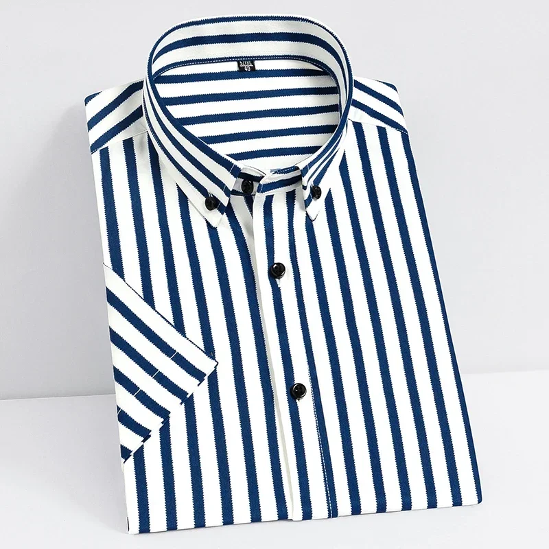 Camisas a rayas elásticas de manga corta para hombre, camisa de vestir informal de negocios, ajuste Regular, verano, 2023