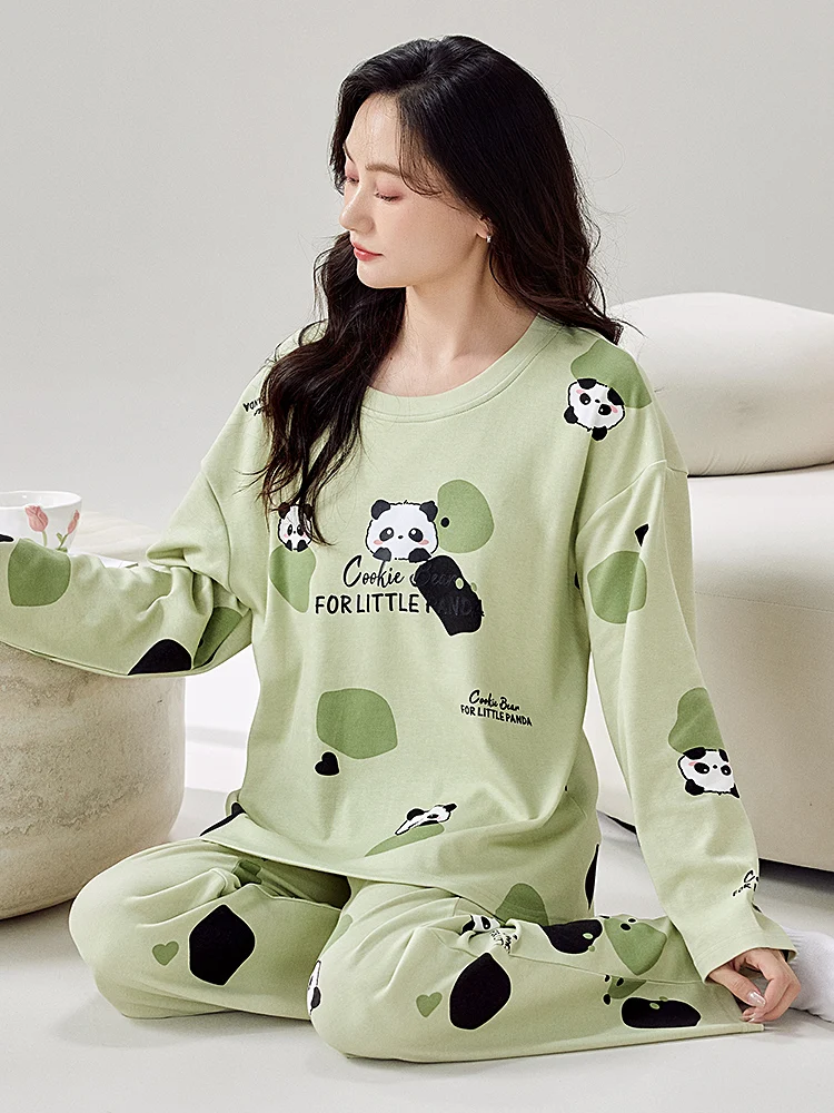 

Cute Cartoon Panda Pure Cotton Long Sve Spwear Women's Spring Autumn Home Clothes with Chest Pad Youthful Sle Dormito...