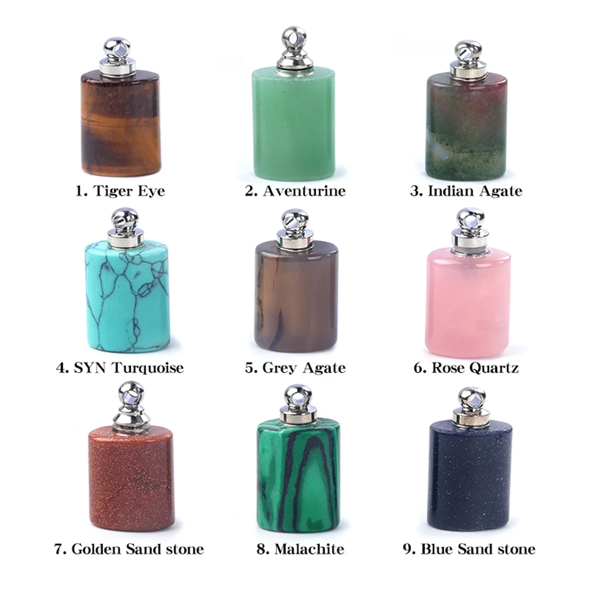 5PCS Natural Stone Charm Elliptic Cylinder Crystal Pendant Perfume Bottle Essential Oil Diffuser Pendant Accessory DIY Necklace