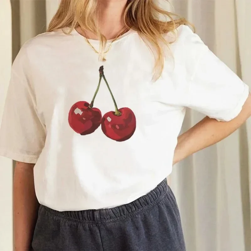 Cherry Pattern Printed T-shirt Fruit Harajuku Cherries Fashion Women's T-shirt Summer Cotton Breathable Short Sleeved Top