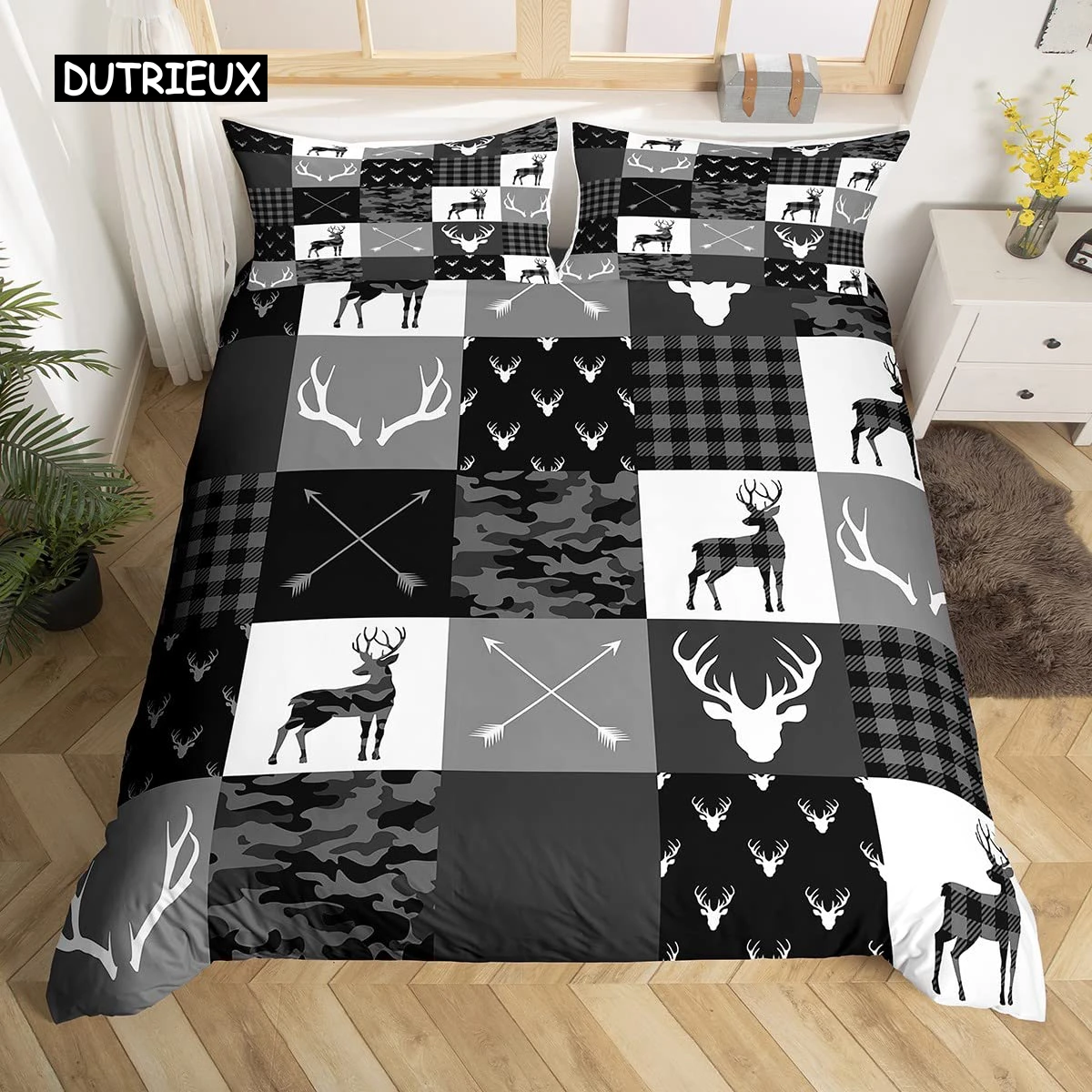 

Camo Deer Duvet Cover Set Antlers Arrow Pattern Bedding Set Stripes Gird Camouflage Comforter Cover Microfiber King Quilt Cover