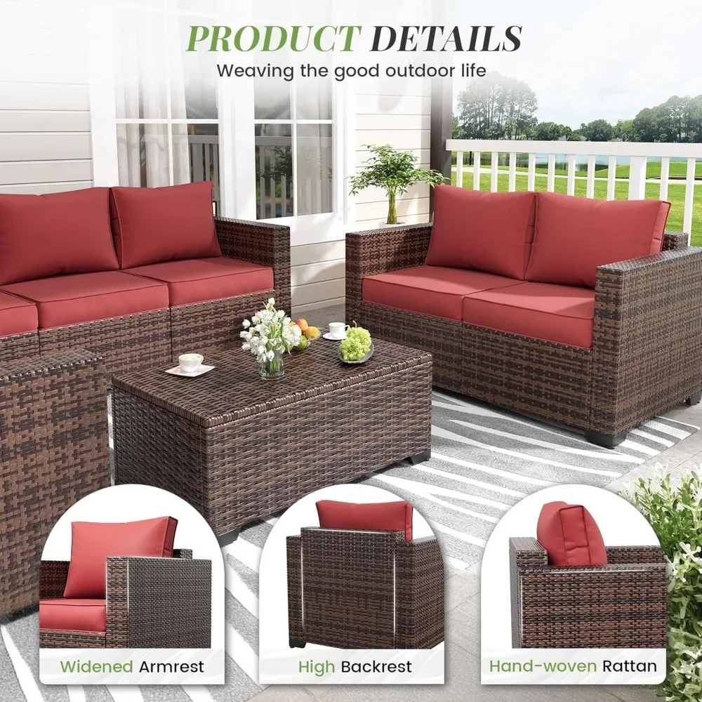 9-piece set of terrace furniture with 44 inch metal top fire pit table, outdoor willow terrace sofa, and storage table