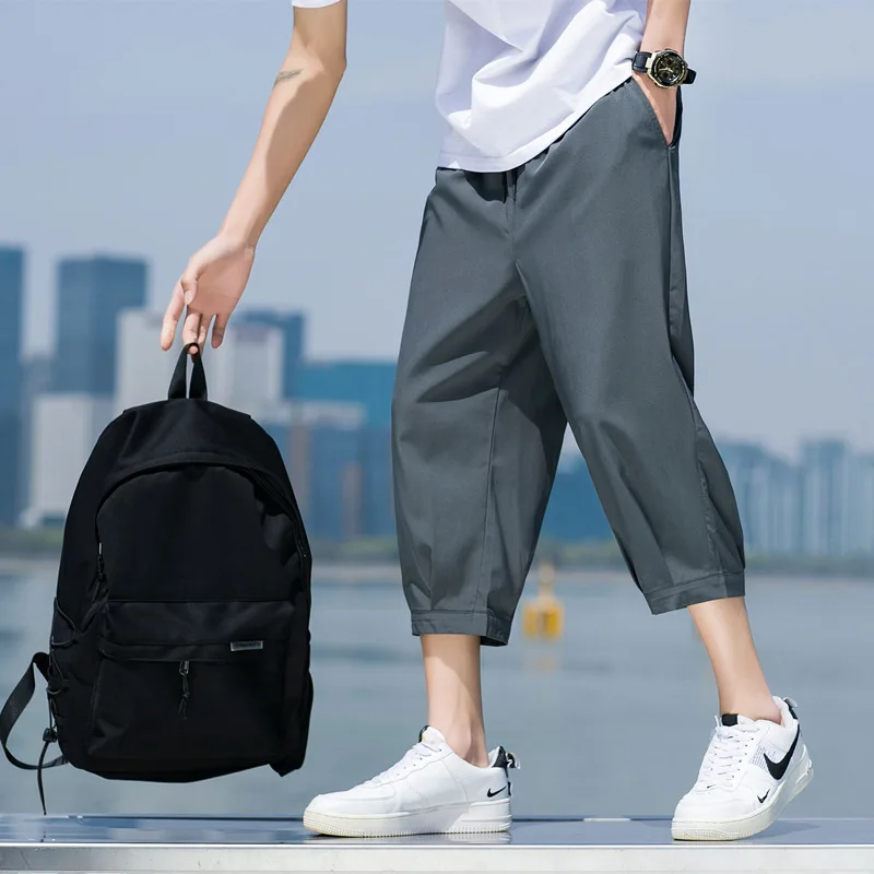 FGKKS Summer Men Casual Pants Ice Silk Thin Solid Color Cropped Pants Fashion Hip Hop Street Sweatpants Male Loose Trousers