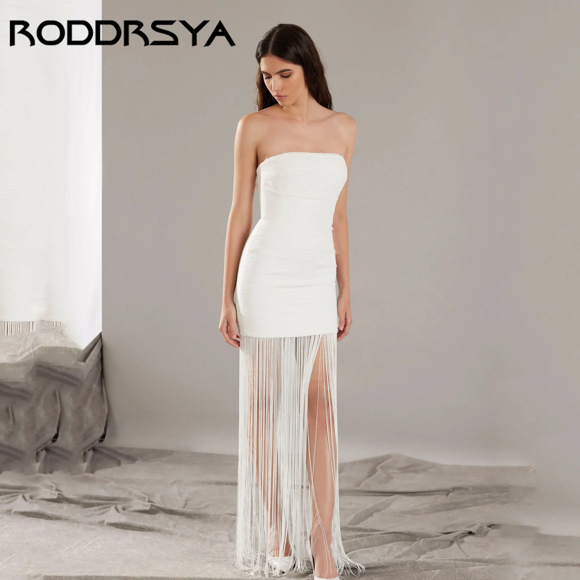 

RODDRSYA Strapless Mini Wedding Dress With Fringe Chiffon Sleeveless Simple Bride Party Gown Mermaid vestido de novia Customized