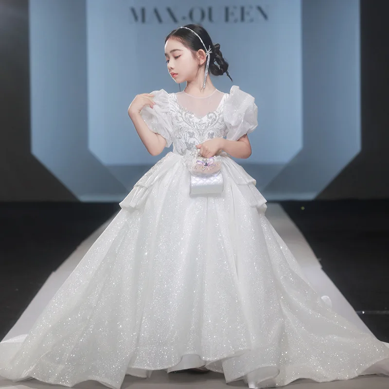 

Детское торжественное платье, платье принцессы для девочек, свадебное платье с цветочным узором для маленьких девочек, платье для выступлений на фортепиано, стильное платье для подиума w