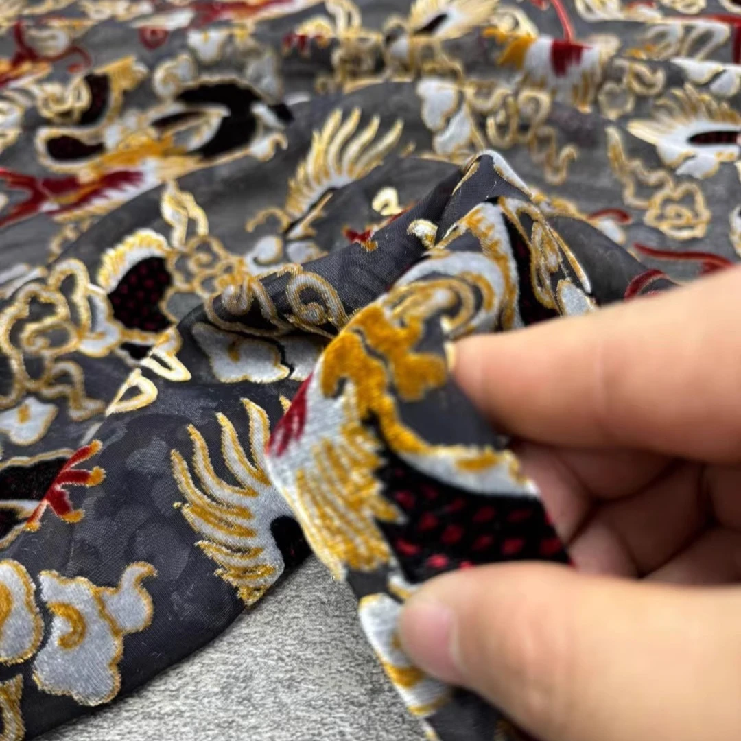 

140CM Wide Burntout Silk Velour Fabric for Winter Autumn Dress Skirt Silk Velvet Fabric with Chinese Dragon for DIY Sewing R2049