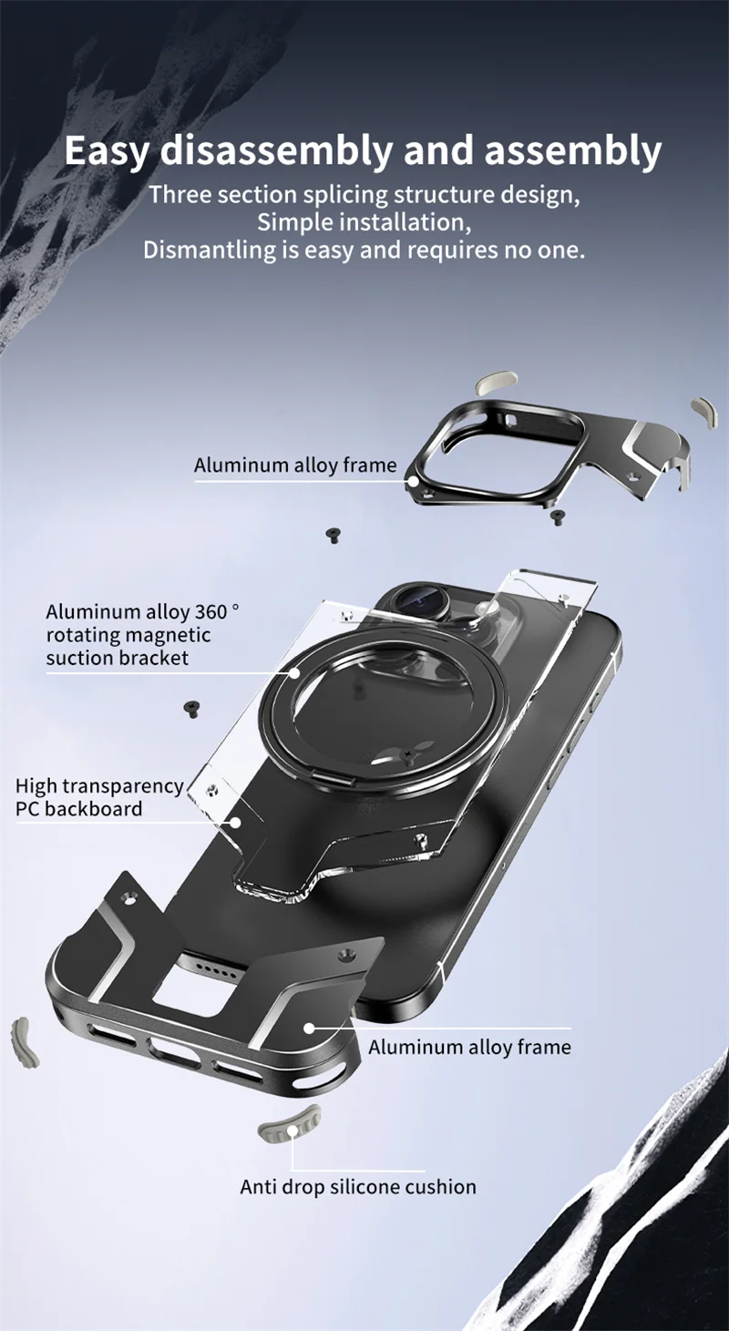 Magnetic Borderless 360 ° Rotating Bracket  Mecha Phone Case For iPhone 15 Plus 14 13 Pro Max Detachable Transparent Back Cover