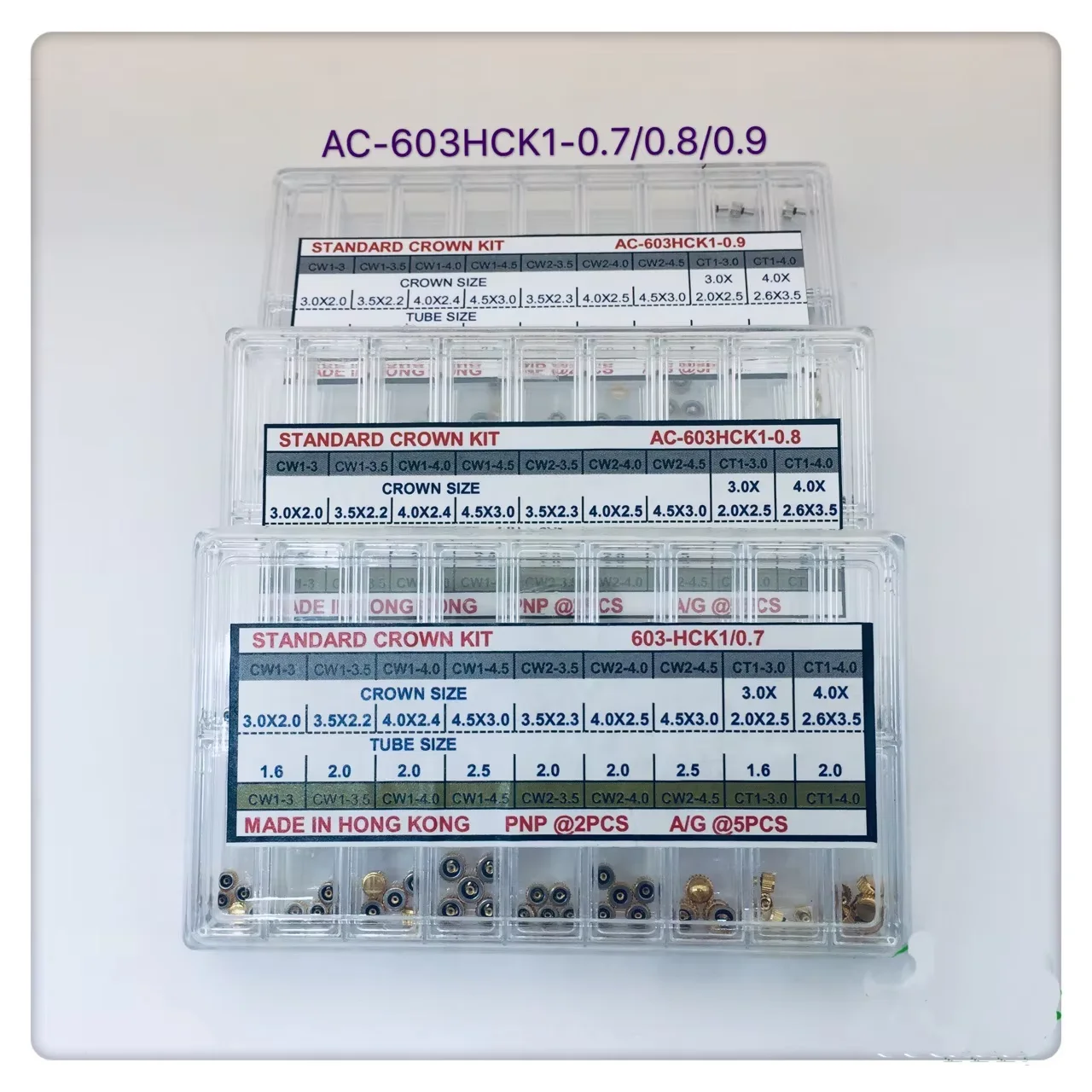 0.7mm/0.8mm/0.9mm Hongkong Made Stainless Steel Standard Watch Crown Kit Assortment for Watchmaker