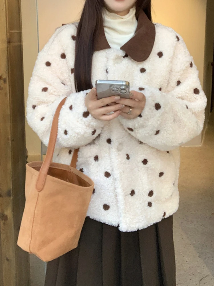 Preppy Style Sweet Women Coat Peter Pan Collar Retro Single Breasted Cute Polka Dot Thickening Lambswool Sweetheart Outwears