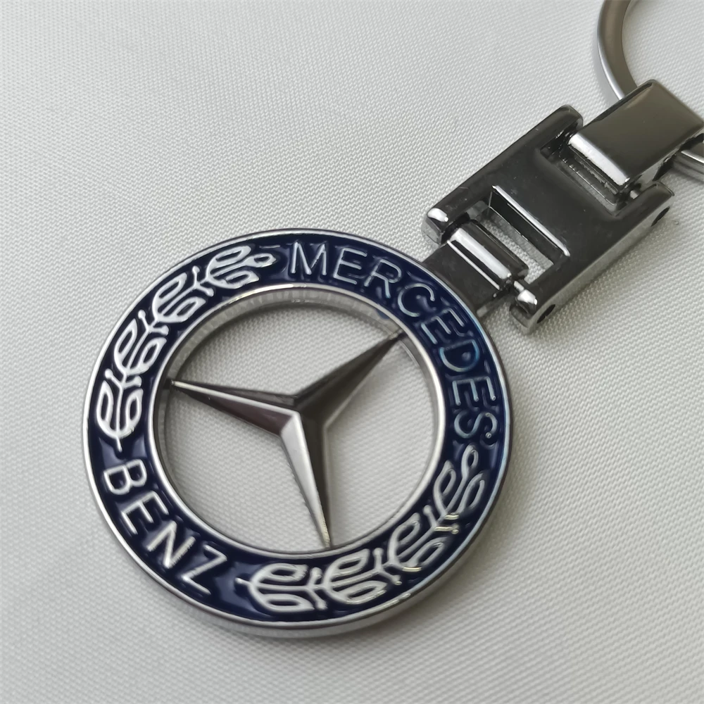 LLavero Mercedes de Metal con emblema redondo azul, etiqueta para llave para AMG w204 w205 w211 Benz Clase A Cla Cle, accesorios para coche, regalo