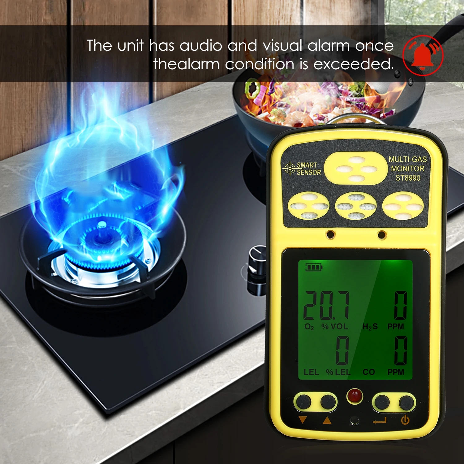 SMART SENSOR ST8990 Combustible Gas Monitor 4 in 1 Professional O2 LEL CO H2S Gas Detector Tester Sensor with Backlight