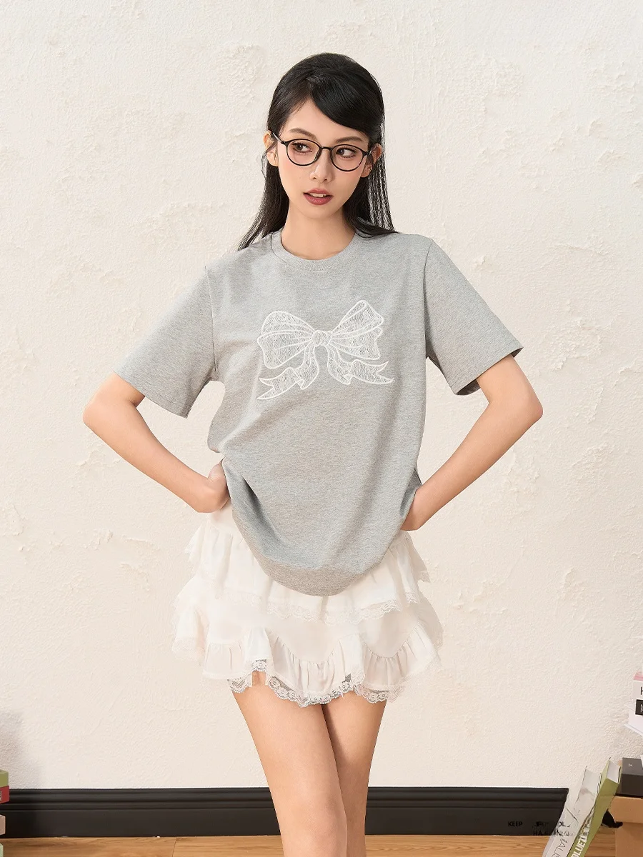 

BESOBER Original Embroidered Lace Knot ort Sve T-irt Women Summer Loose round Ne Slimming Top Cotton Blend