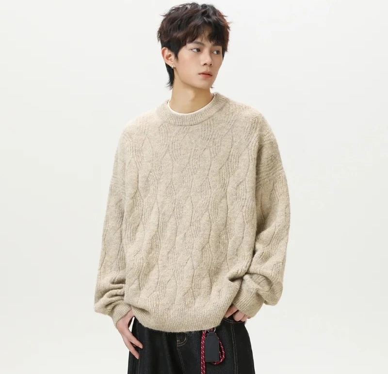 

Мужской зимний свитер, утолщенный тяжелый, винтажный вязаный пуловер, свободный крой с круглым вырезом большого размера, однотонный трикотаж