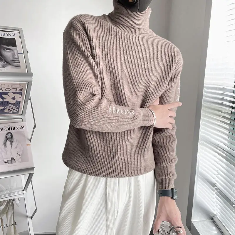 2023 New Autumn and Winter Lazy Luxury Korean High Neck Letter Printing Loose Relaxed Oversize Men's Knitted Pullover Sweater