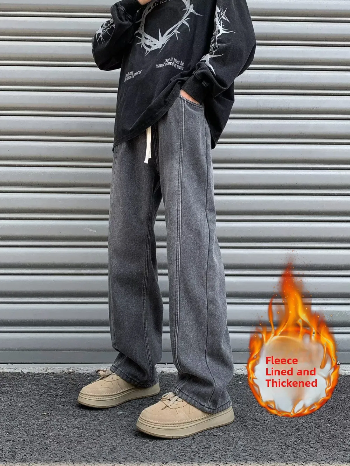 

Retro Waed Japanese Sle Men's Loose Straight Leg Jeans Thiened Fce Elastic Waist Casual Pants Autumn Leisure Trousers