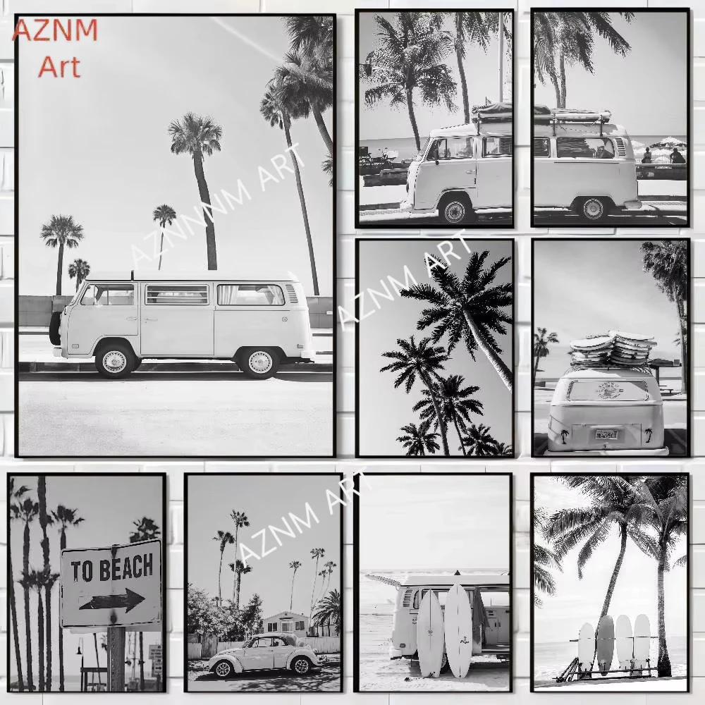 1PC, 1PC Schwarz Und Weiß Palme Strand Landschaft Klebrige Poster Retro Kraft Papier Aufkleber DIY Zimmer Bar cafe Ästhetische Wand