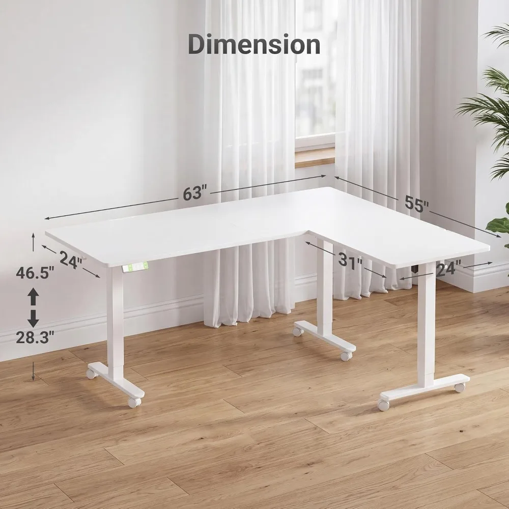 office deskL Shaped Standing Desk Dual Motor Adjustable Height 63x55in White