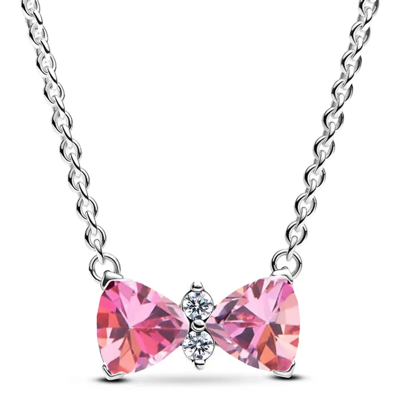 Women's 925 Sterling Silver Sparkling Pink Bow Earring & Necklace Set