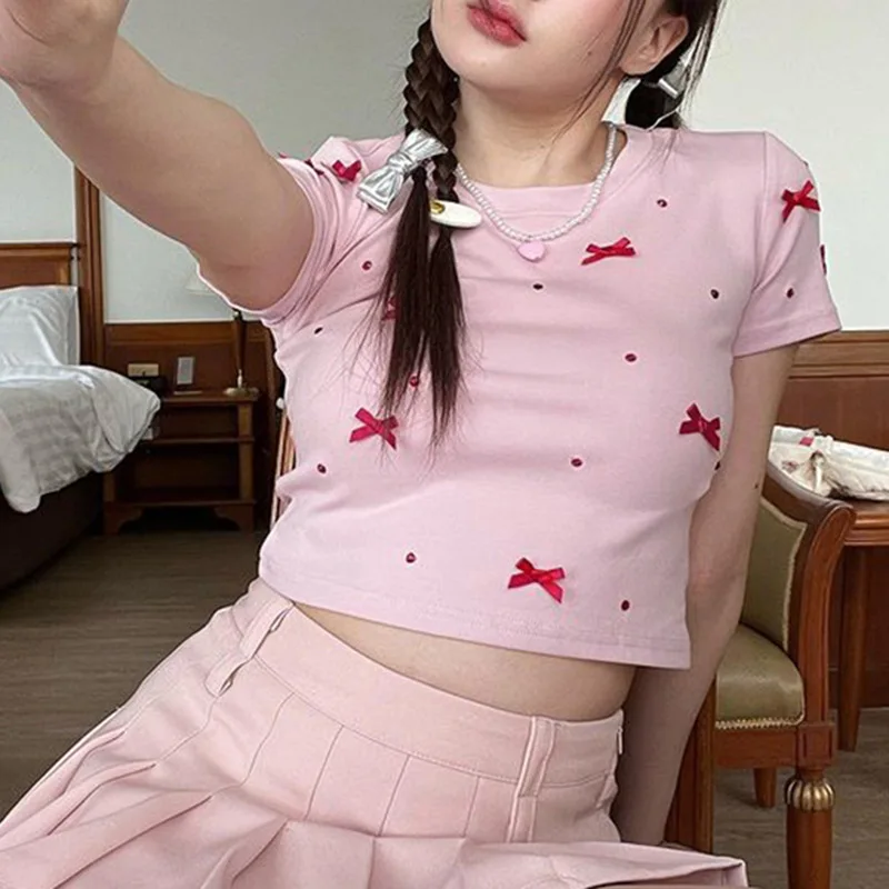 

Girly Style Bow Rhinestone round NeckTT-shirt2024New Cute Youth-Looking Contrast Color Slim Fit Basic Short-Sleeved Top