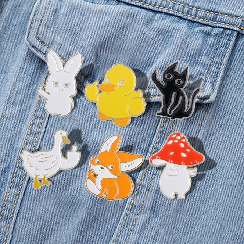 Sarcastic Enamel Pins Custom Animal Rude Finger Brooches Lapel Badges Cartoon Fox Rabbit Duck Cat Jewelry Gift for Kids Friends