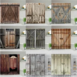 Retro Rustic Old Vintage Wood Doors Shower Curtain Set Waterproof Fabric Bathroom Curtains Bathtub Decor Bath Screens With Hooks