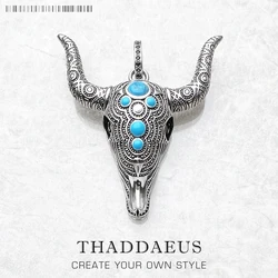 Pendant Blue Bull Head Skull Fashion Punk Ethnic Jewelry Europe 925 Sterling Silver Turquoise Rebel Gift For Woman & Men