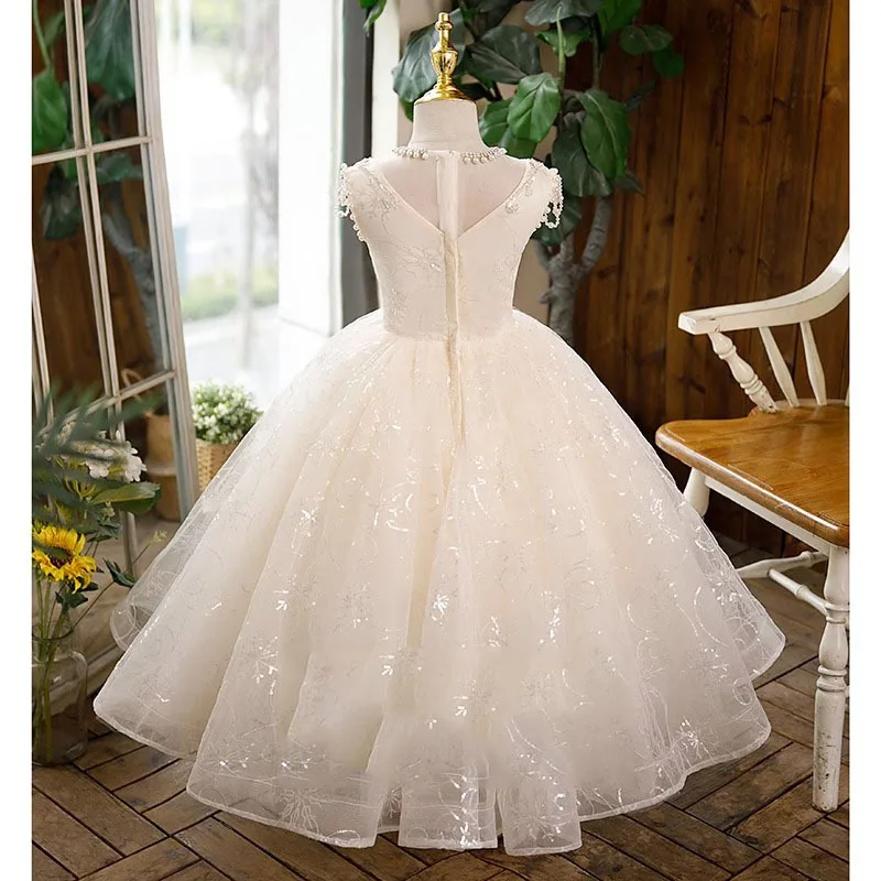 Luxurious Children's Dresse Champagne pearl sequins Beading flower kids Sleeveless Long wedding Ball Birthday party Girl Dress