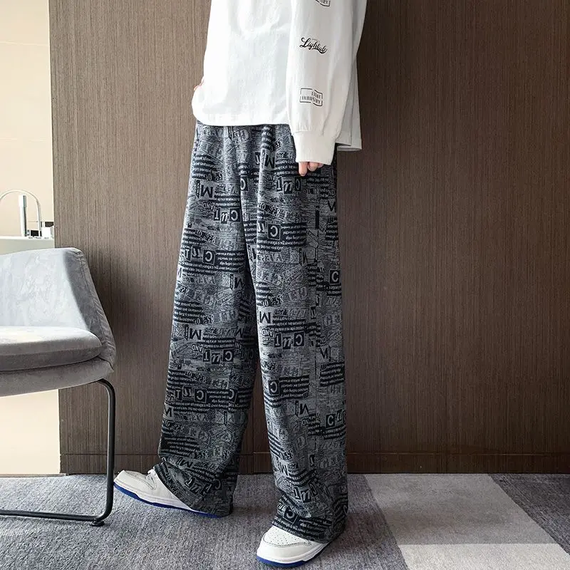 

Korean Version Instagram Retro Newspaper Loose Plus Size Chubby MM Men and Women Straight Leg Wide Leg Casual Pants Student