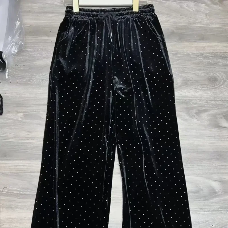 

Korean Autumn Winter High Waist Black Women's Pants Loose Plus Size Pants Rhinestone Shining Wide Leg Pants Y2k Clothes Kpop 바지