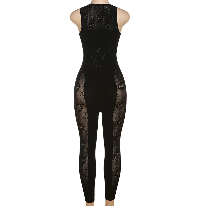 High Stretch Diamonds Hollow Out Lace Knitted Jumpsuit Women Sexy O Neck Sleeveless Slim Skinny Overalls Night Clubwear Overalls