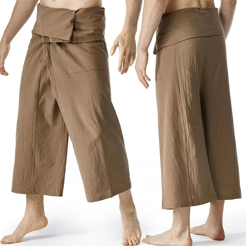 Calças Harem Masculinas Casuais Soltas Estilo Pescador Tailandês com Cordão e Pernas Largas, Calças de Artes Marciais, Calças Pirata Femininas para Yo