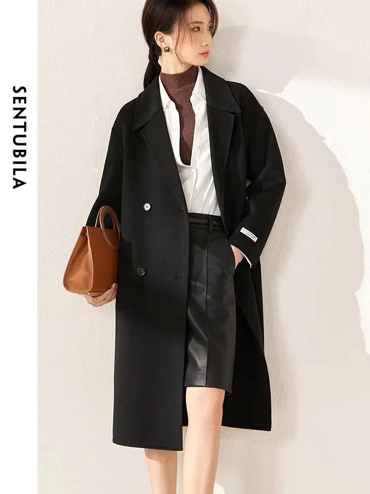 SENTUBILA Double Breasted 100% Wool Coat for Women 2024 Winter Elegant Thick Double Faced Woolen Belted Long Overcoat W24O42056