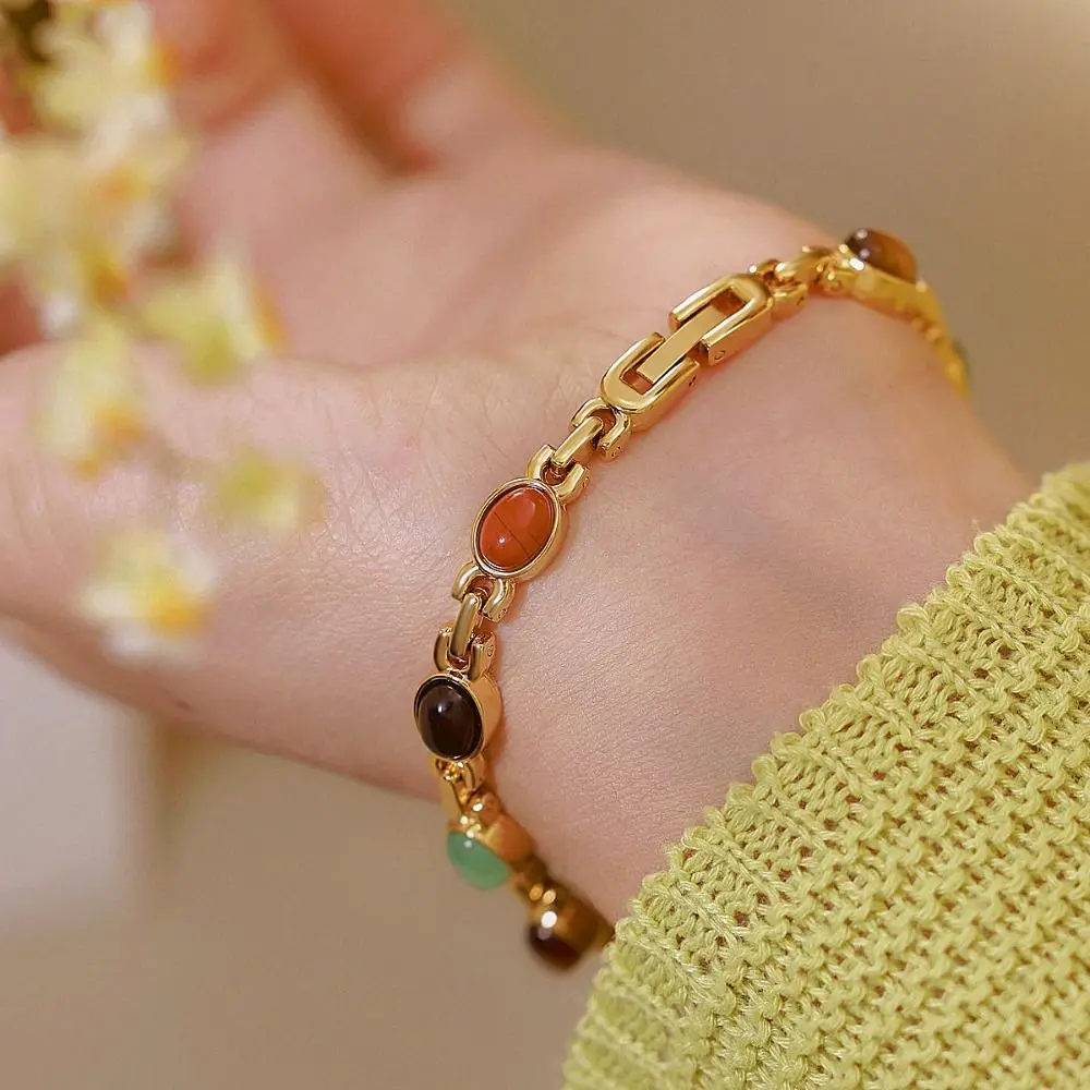 

Vintage Colored Gemstones Ladies Watch Oval Dial Luxury Quartz Watch Elegant Gift Bracelet Watch