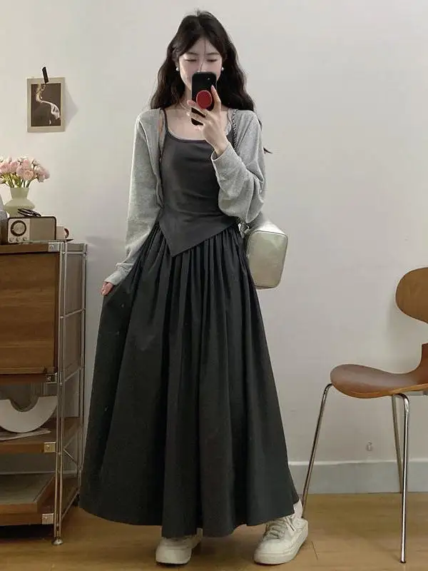 플러스 사이즈 봄 여름 한국 스타일 매칭 세트 오픈 카디건 탑과 스트랩 드레스 투피스 세트 하이웨이스트 A라인 스커트