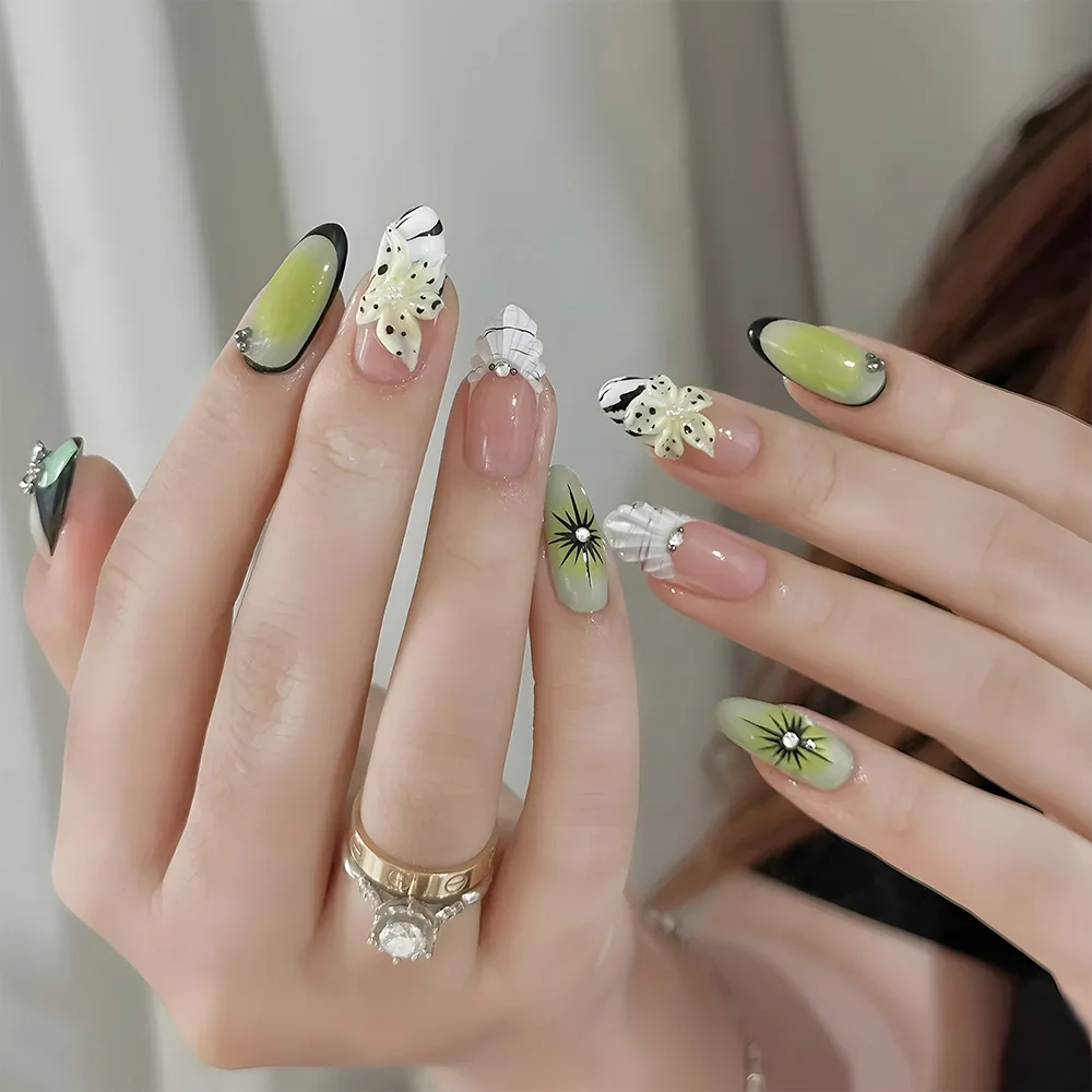 

24Pcs Mid-length French Almond Press on False Nails Rhinestone Detachable Full Cover Nail Tip 3D Flower Butterfly Fake Nails Art