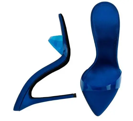 Yellow White Blue Clear PVC Pointed Open Toe Heeled Mules Sexy Shallow Pull On Stiletto Heels Modern Slippers Women Sandals
