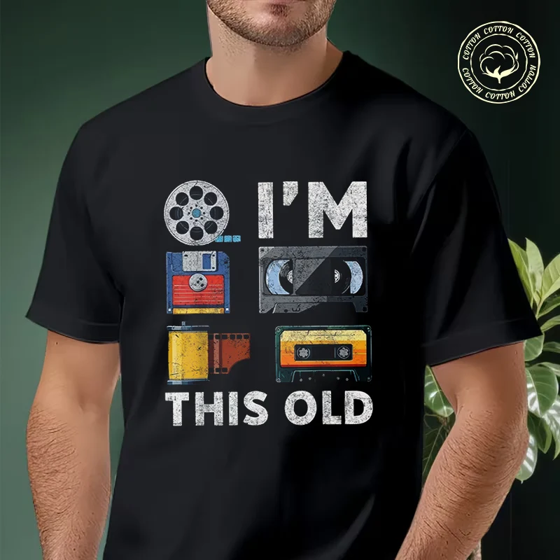 

Men T-shirt High Quality Funny Cotton Vintage Cassette VHS Floppy Disk Print Moto Casual Cool Loose O-neck Male For Tees